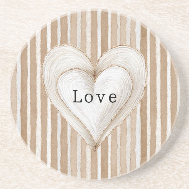 Dessous De Verre En Grès Romantic Cream Heart Brown Stripes Love (Devant)