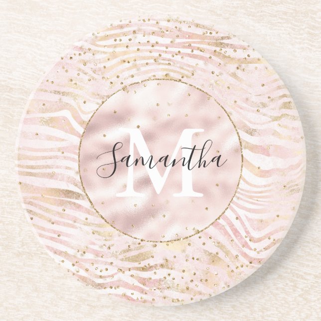 Dessous De Verre En Grès Rose Blush Gold Zebra Print Glitz (Devant)