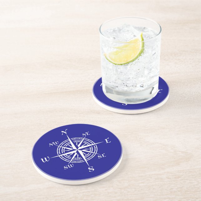 Dessous De Verre En Grès Rose de boussole bleu et blanc marine (Côté)