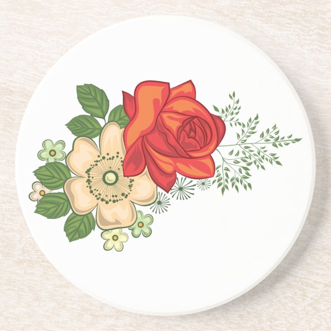 Dessous De Verre En Grès Rose rouge et marguerites (Devant)