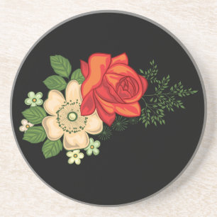 Dessous De Verre En Grès Rose rouge et marguerites sur fond noir