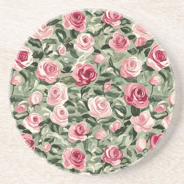 Dessous De Verre En Grès Rose rouge vert Rose Floral (Devant)