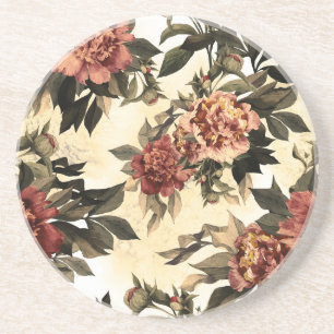 Dessous De Verre En Grès Roses Floral Aquarelle, Motif Peonies.