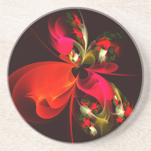 Dessous De Verre En Grès Rouge Vert Floral Moderne Art Abstrait Motif #02