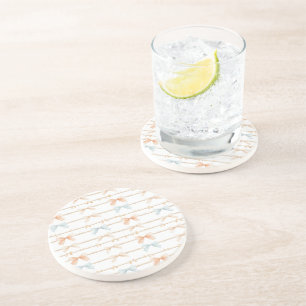 Dessous De Verre En Grès Rubans Bleus Crème Pêche