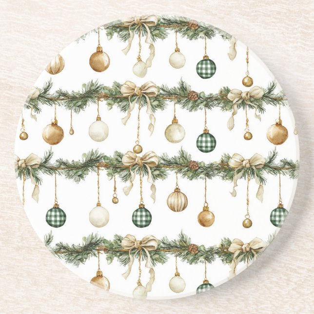 Dessous De Verre En Grès Rustic Brown Bows Cream Green Christmas   (Devant)