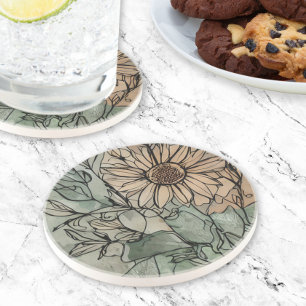 Dessous De Verre En Grès Sage floral Boho Abstrait et beige