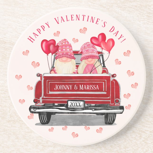 Dessous De Verre En Grès Saint Valentin Gnome Couple Vintage Camion Rouge (Devant)