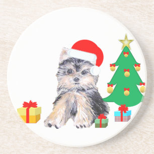 Dessous De Verre En Grès Sapin de Noël, chiot du Yorkshire et cadeaux