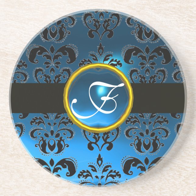 Dessous De Verre En Grès Sapphire NOIR ET BLEU DAMASK Monogramme (Devant)