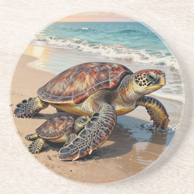 Dessous De Verre En Grès Sea Turtle and Baby Illustration  (Devant)