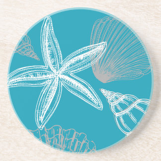 Dessous De Verre En Grès Seashell Beach House Aqua Blue Starfish Round