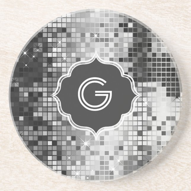 Dessous De Verre En Grès Séquins d'argent métallique Look Disco Miroir-Mono (Devant)
