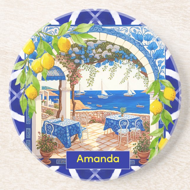 Dessous De Verre En Grès Sicilienne Méditerranée majolica agrus carreaux bl (Devant)
