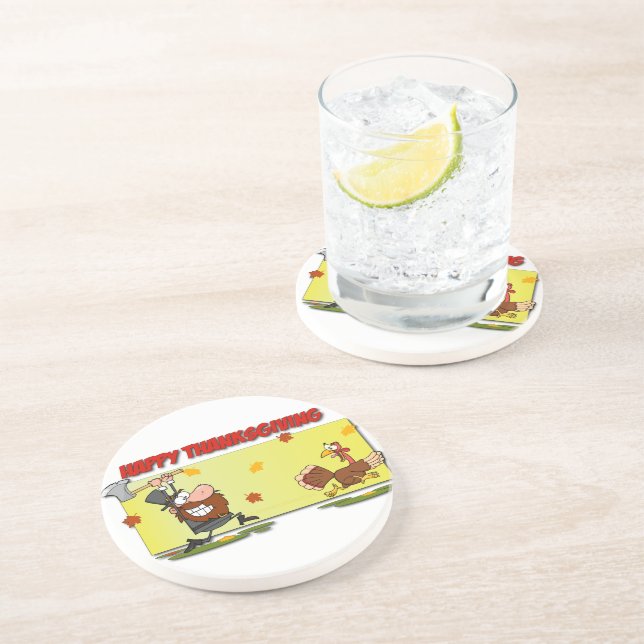 Dessous De Verre En Grès SlipperyJoe's Thanksgiving drôle pèlerin feuille r (Côté)