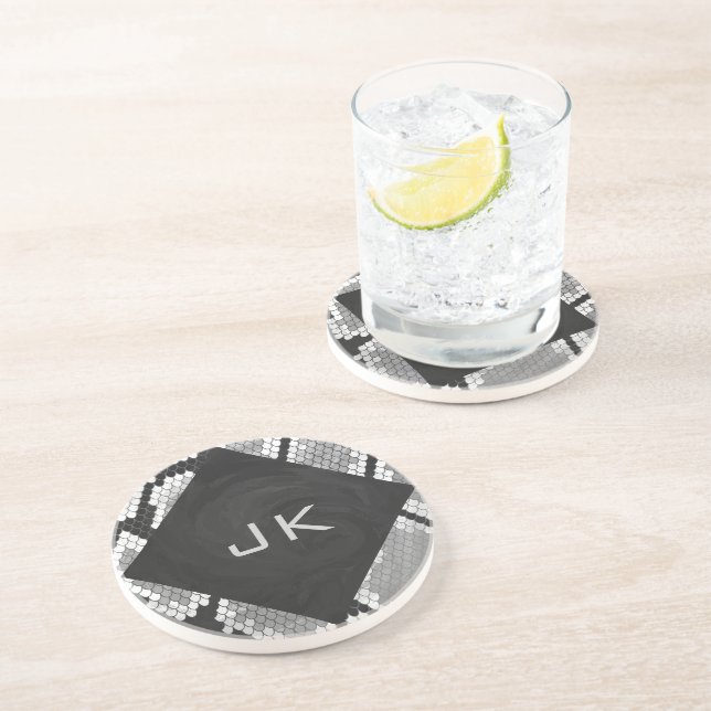 Dessous De Verre En Grès Snakeskin Gris, blanc et noir Monogramme (Côté)