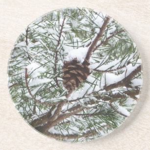 Dessous De Verre En Grès Snowy Pine Cone II Winter Nature Photography