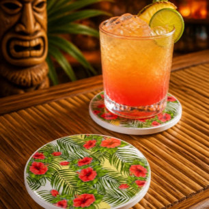 Dessous De Verre En Grès Sous-verre rond en grès tropical aux feuilles et h