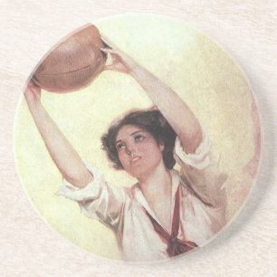 Dessous De Verre En Grès Sports Vintage, joueuse de basket-ball avec ballon