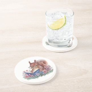 Dessous De Verre En Grès Squirrel Reading A Book, Nestled In Flowers 