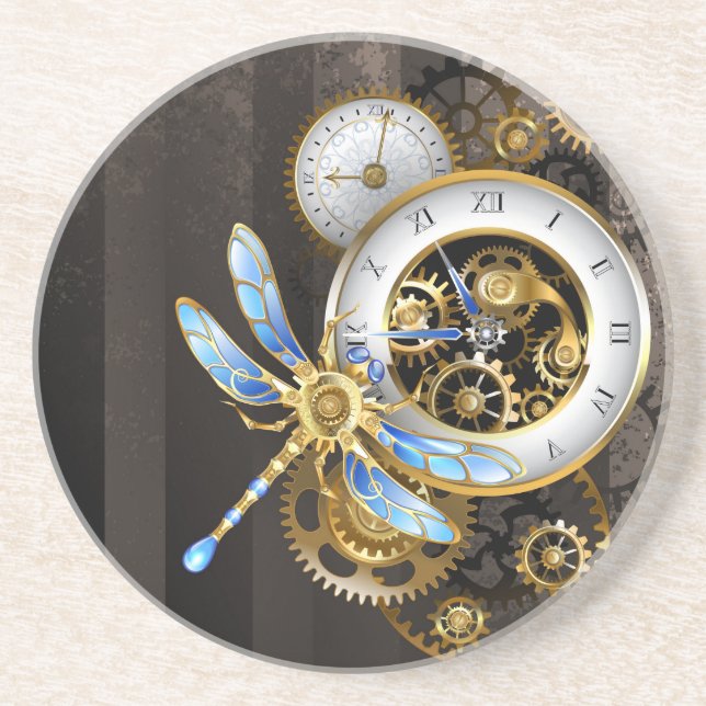 Dessous De Verre En Grès Steampunk Clock with Mechanical Dragonfly (Devant)