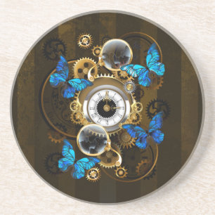 Dessous De Verre En Grès Steampunk Gears and Blue Butterflies