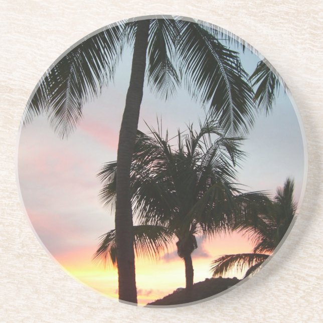 Dessous De Verre En Grès Sunset Palms Tropical Paysage Photographie (Devant)