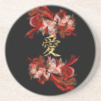 Dessous De Verre En Grès Symbole d'amour chinois sur la fractale rouge