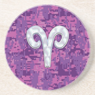 Dessous De Verre En Grès Symbole Pearl Like Aries sur Camo numérique rose
