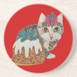Dessous De Verre En Grès tabby gris chaton mignon lécher patte noël
