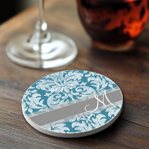 Dessous De Verre En Grès Tableau damassé craie sarcelle et blanc