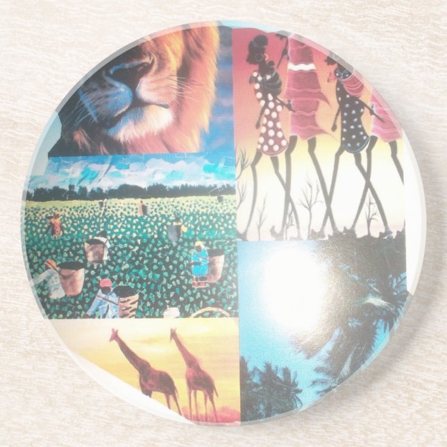 Dessous De Verre En Grès Tapisserie kenyane : Faune, culture et plage côtiè (Devant)