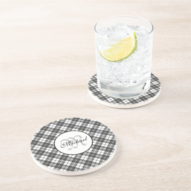 Dessous De Verre En Grès Tartan motif Noël noir blanc Monogramme (Côté)