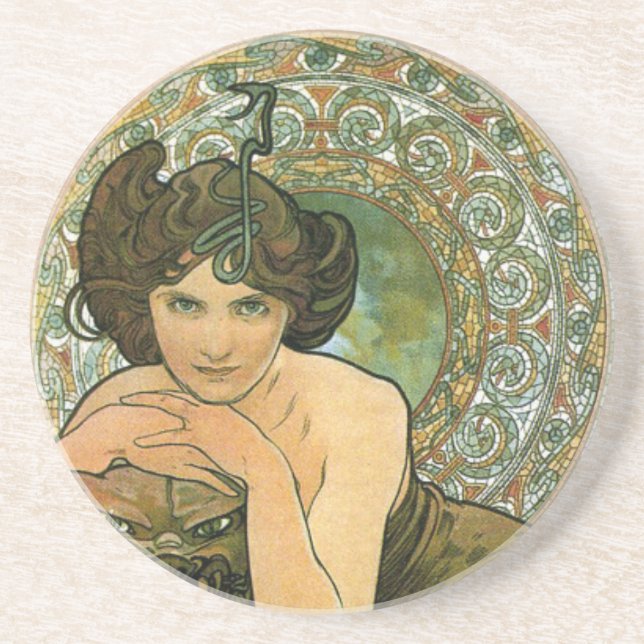 Dessous De Verre En Grès Tempête vintage verte Emerald Art Nouveau Mucha (Devant)