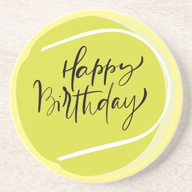 Dessous De Verre En Grès Tennis sur jaune Joyeux Anniversaire (Devant)