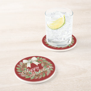 Dessous De Verre En Grès Terrain Décembre Classé Avec Vacances Bow Blanc