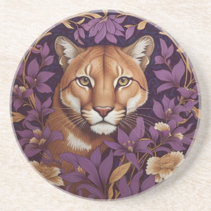 Dessous De Verre En Grès Tête de couguar parmi un feuillage et des fleurs d