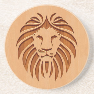 Dessous De Verre En Grès Tête de lion gravée sur le bois