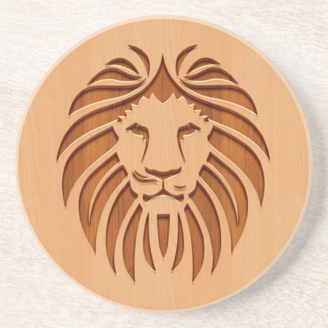 Dessous De Verre En Grès Tête de lion gravée sur le bois (Devant)