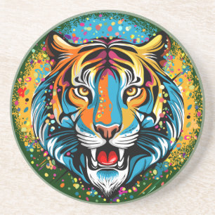 Dessous De Verre En Grès Tête de tigre couleurs arc-en-ciel peinture taches
