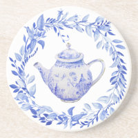 Théière Bleue et Blanche avec Couronne de Feuilles
