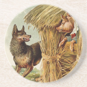 Dessous De Verre En Grès Three Little Pigs Big Bad Wolf, Vintage Fairy Tale