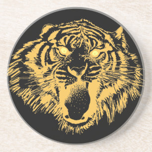Dessous De Verre En Grès Tigre en orange avec yeux jaunes