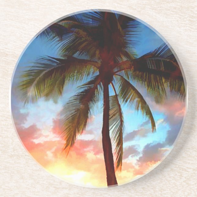 Dessous De Verre En Grès Timbre de coucher du soleil de palmier (Devant)