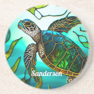 Dessous De Verre En Grès Tortue côtière Tropical Turquoise Bleu Vert