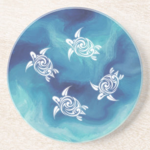 Dessous De Verre En Grès Tortues blanches Bleu Océan Aquarelle Côte