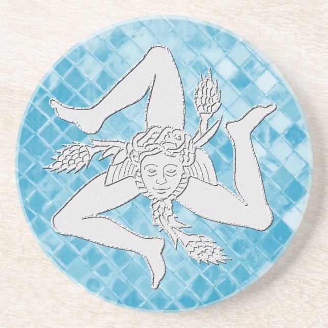 Dessous De Verre En Grès Trinacria sicilien sur la mosaïque bleue (Devant)