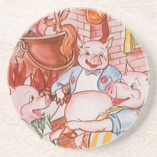 Dessous De Verre En Grès Trois Petits Cochons Cuisinant Loup, Conte de Fées