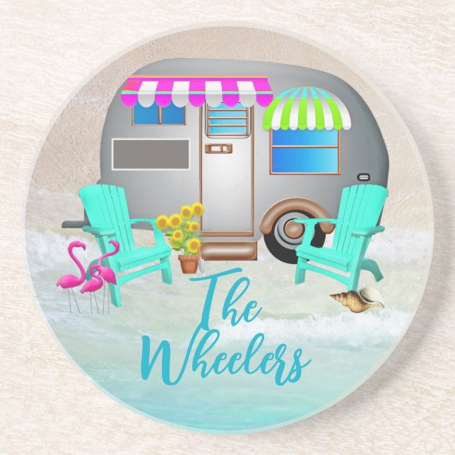 Dessous De Verre En Grès Tropical Ocean Camping Trailer Nom famille (Devant)