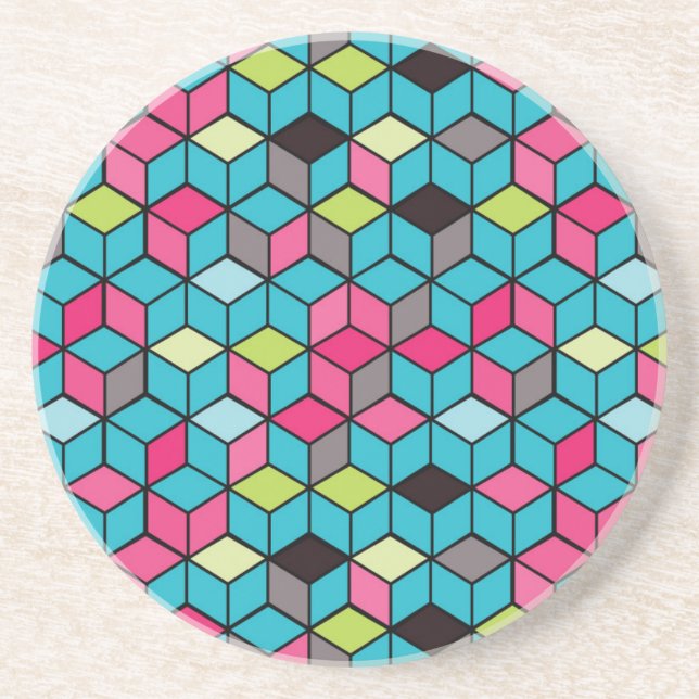 Dessous De Verre En Grès Turqouise et Motif de Cube rose (Devant)